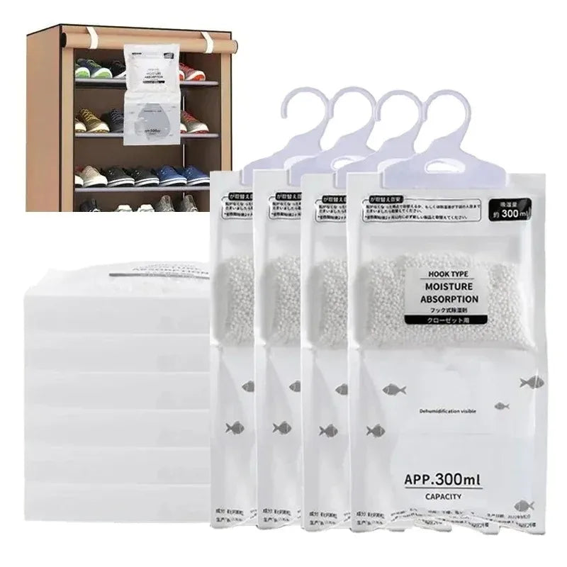 Paquet de sachets absorbants transparents pour vêtements et rangement, montrant différentes tailles et une boîte.