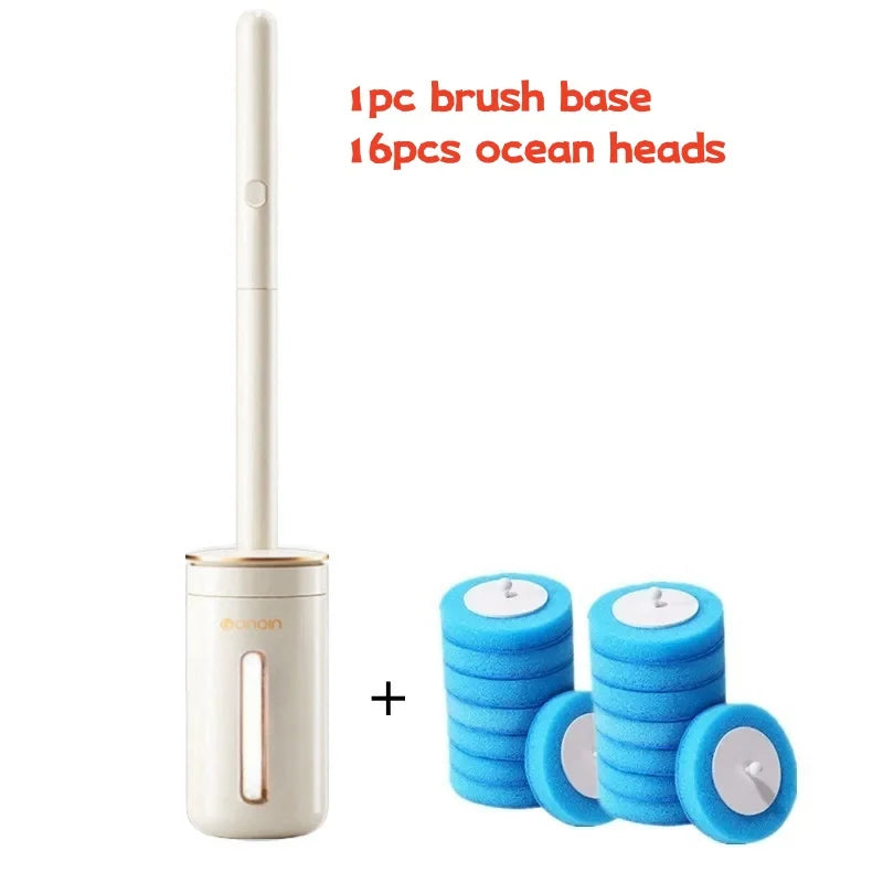 A set of one brush base and sixteen ocean heads for a multi-sized disposable toilet brush set