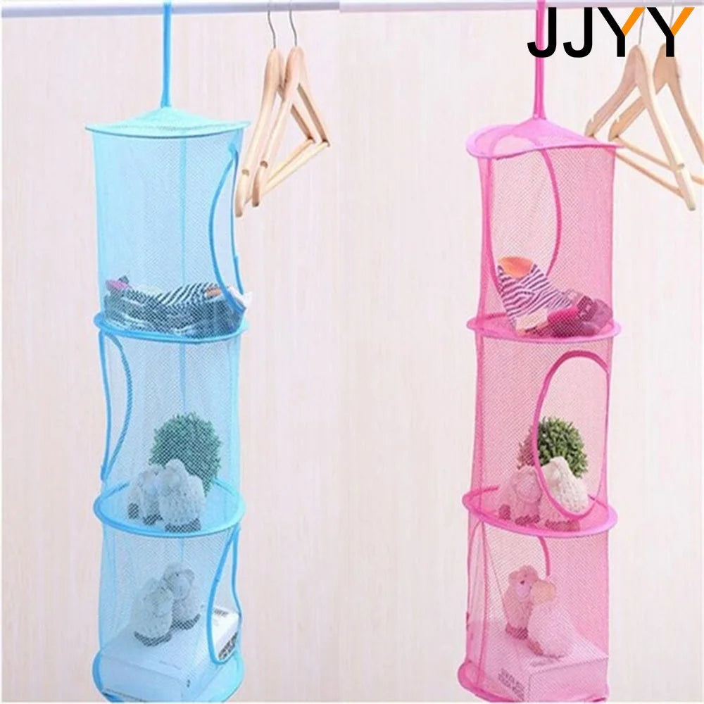 Multi-layer mesh hanging storage organizer with pink and blue layers for pet toys and accessories