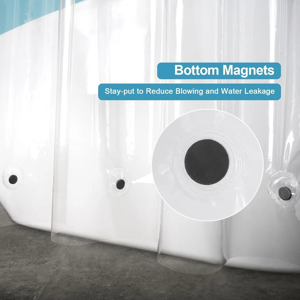 Close-up of a white shower liner with bottom magnets designed to reduce blowing and water leakage.