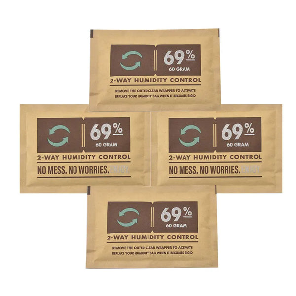 Three packages of cigar humidity control bags showing 69% humidity control and 60 gram capacity.