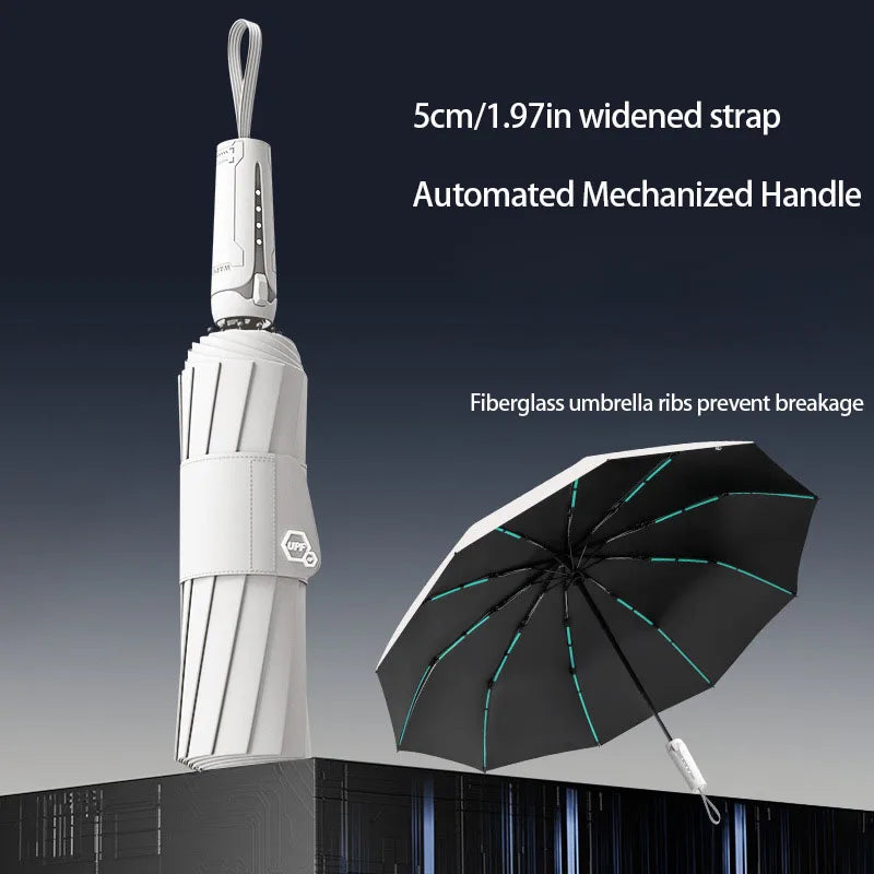 A white umbrella with a widened strap and automated mechanized handle is shown next to an open black umbrella.