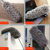 Various applications of a retractable microfiber duster including sofa, computer, and glass cleaning tools.