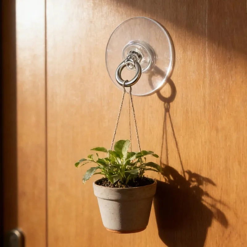 A small potted plant hangs from a round, clear wall hook mounted on a wooden door.