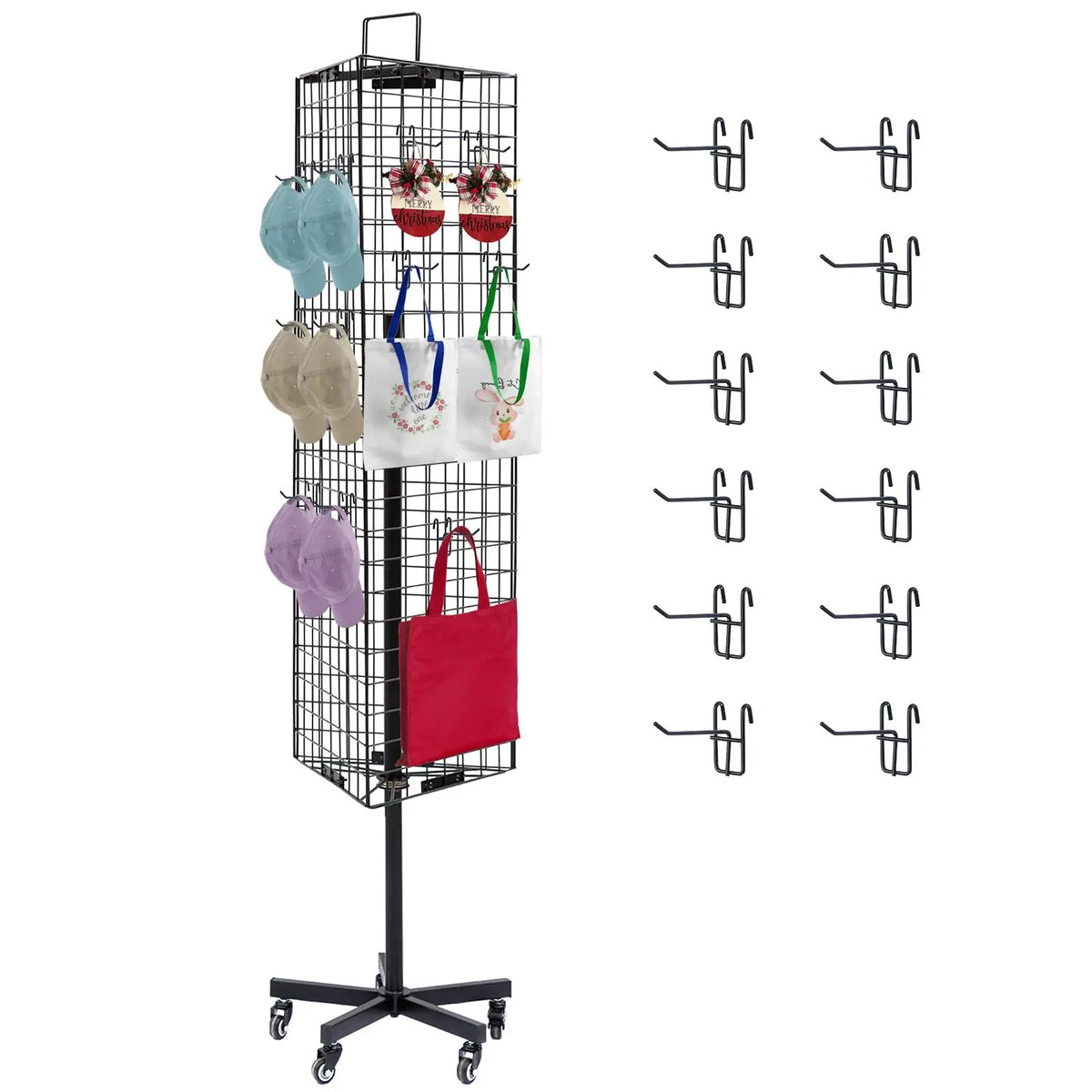 Black mesh grid display hooks with various colored hangers for retail and home organization