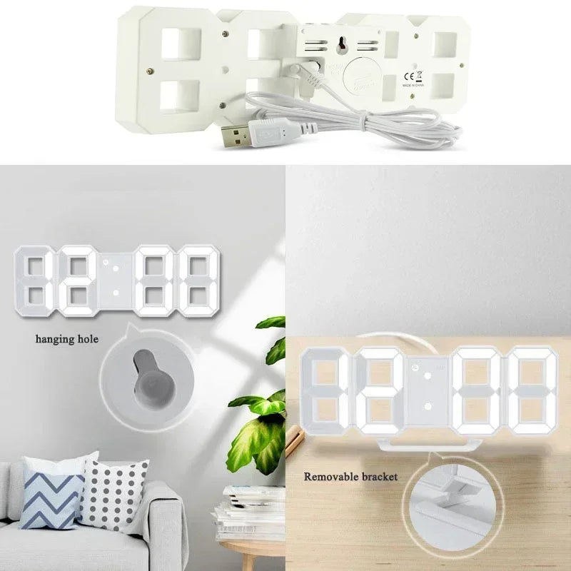A white digital alarm clock with a removable bracket and hanging hole is shown on a wooden surface.