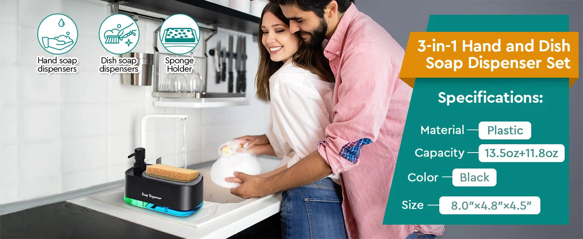 Un couple utilise un distributeur de savon pour les mains et la vaisselle noir multifonction pour nettoyer la cuisine.