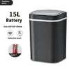 A black 15L battery touchless sensor trash can with a lid and an induction touch feature.