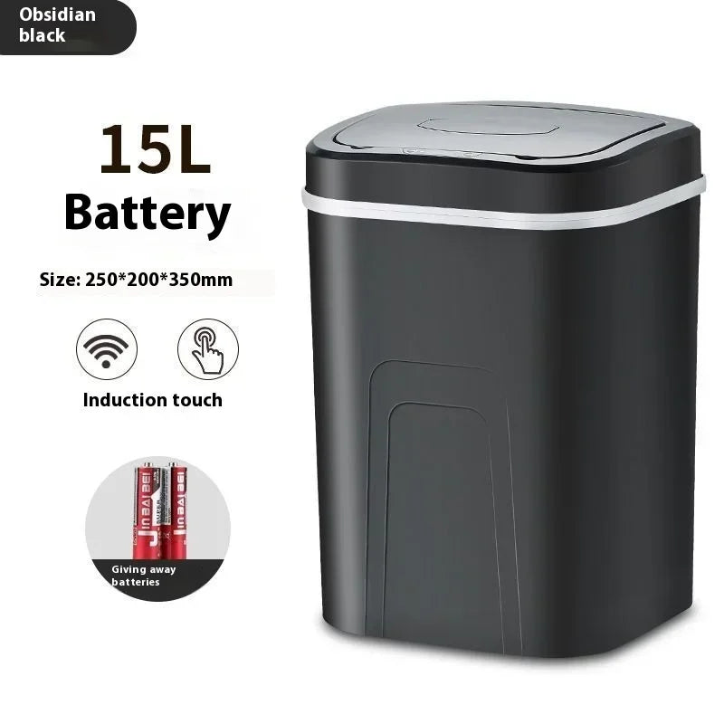 A black 15L battery touchless sensor trash can with a lid and an induction touch feature.