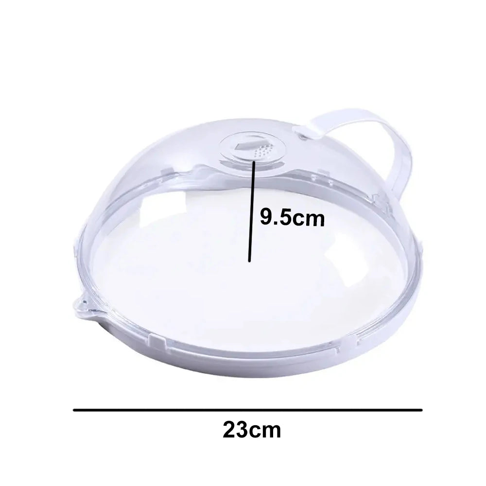 A transparent splash-proof oven cover with a handle, showing dimensions of 9.5cm and 23cm.