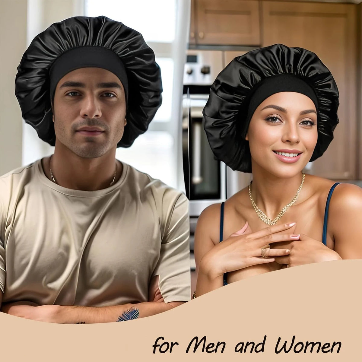 A man and a woman wearing black silk sleep caps looking at the camera.