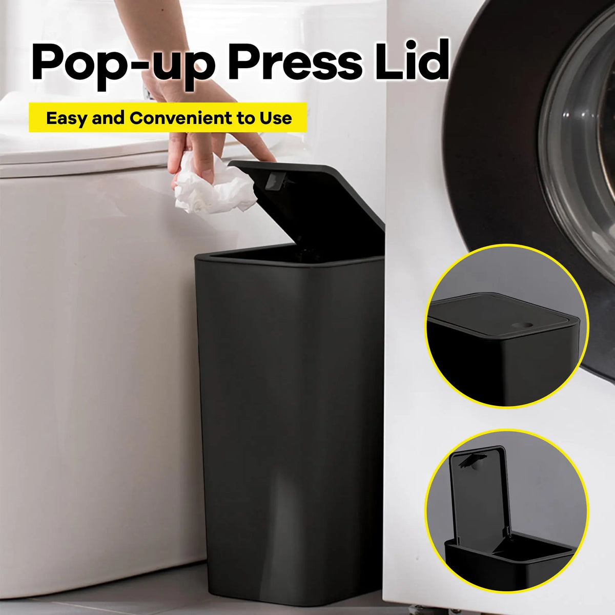 A black pop-up press lid trash can is shown being used on a toilet tank.