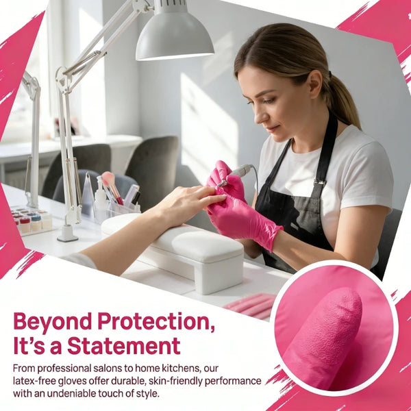 A woman wearing black apron is using pink latex-free disposable gloves on a white surface.