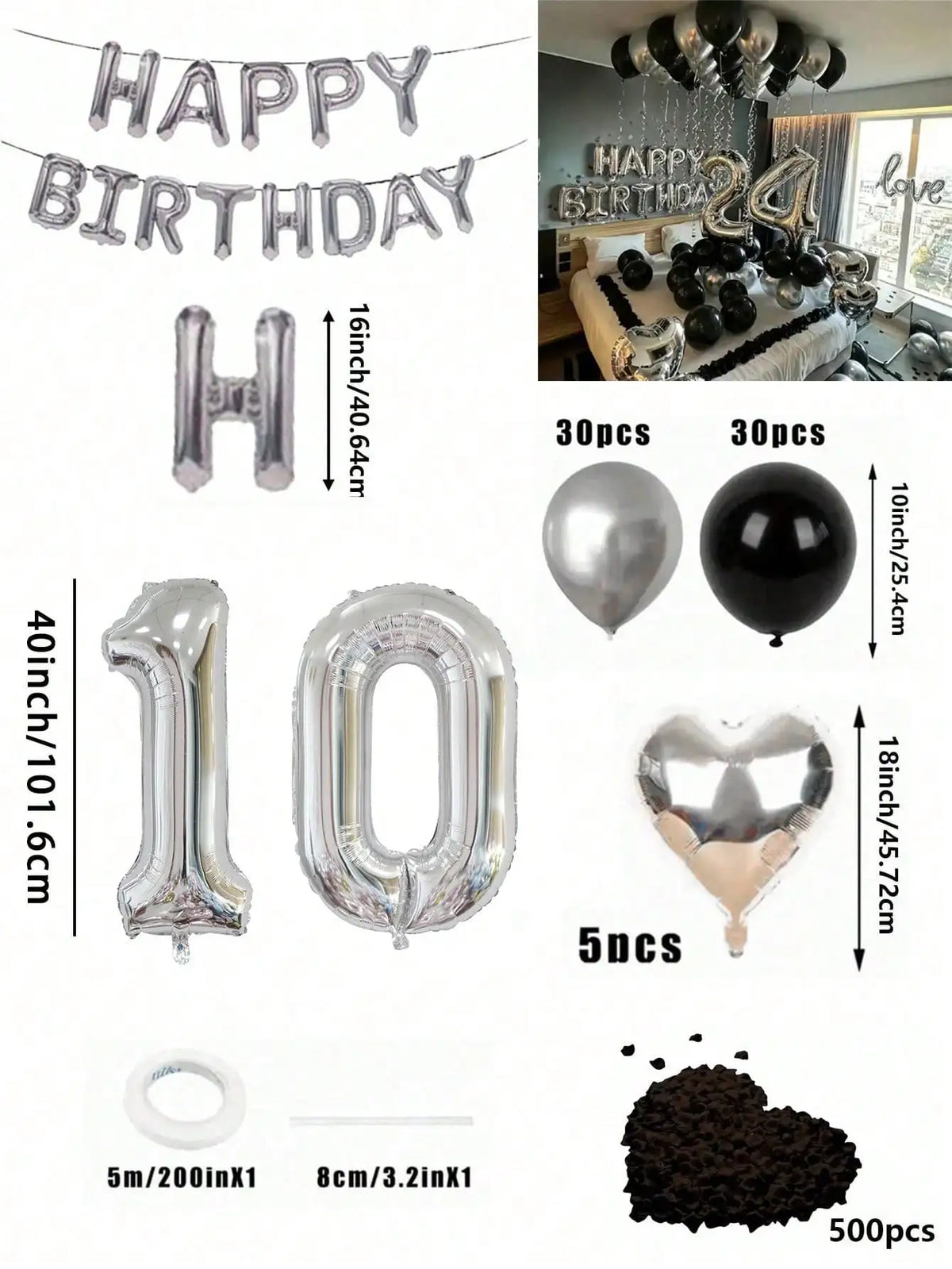 Un set de globos de foil plateados y negros con letras, números y forma de corazón para decoración de cumpleaños.