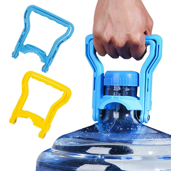 Blue and yellow portable water bottle carrier with handles shown next to a clear water bottle.