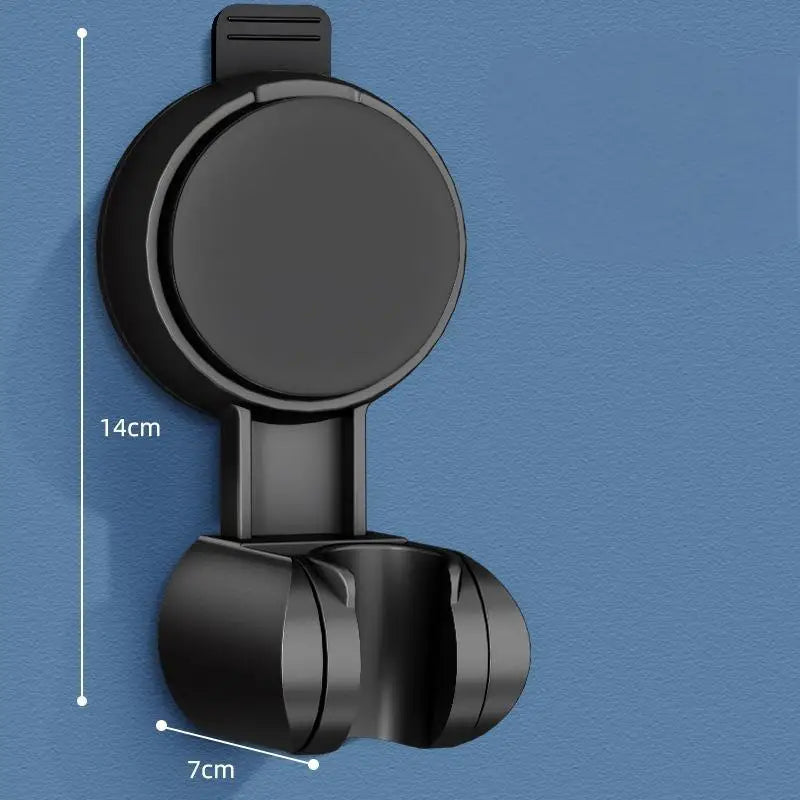 A black No-Drill Adjustable Suction Cup Shower Head Holder with a 14cm main body and a 7cm base.