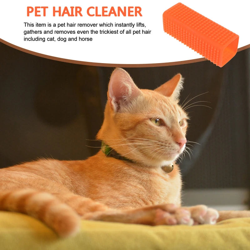 Orange tabby cat looks at the camera next to a silicone pet hair remover brush.