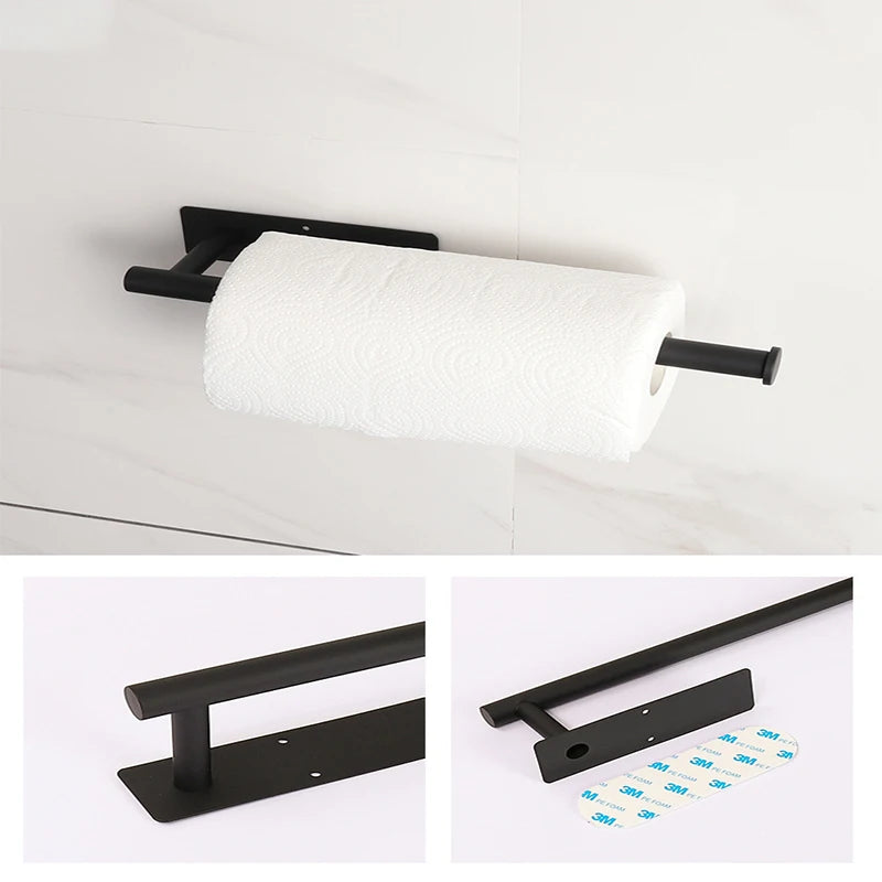 Porta toallas autoadhesivo de acero inoxidable negro para cocina y baño