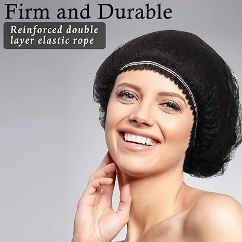 A woman is smiling while wearing a black bouffant hair net cover made of reinforced double layer elastic rope.