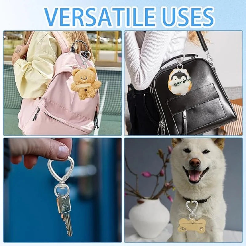 A set of heart-shaped spring hook keychains is shown attached to a pink backpack and a dog's collar.