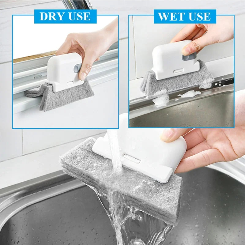 A white 2-in-1 groove and track cleaning brush is shown being used for both dry and wet cleaning of a kitchen sink.