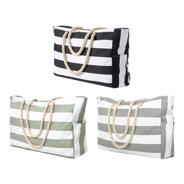 A set of three waterproof zipper beach tote bags featuring striped patterns in black, white, and sage green.