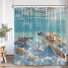 A tropical sea life shower curtain featuring a sea turtle swimming near the surface of clear blue water.