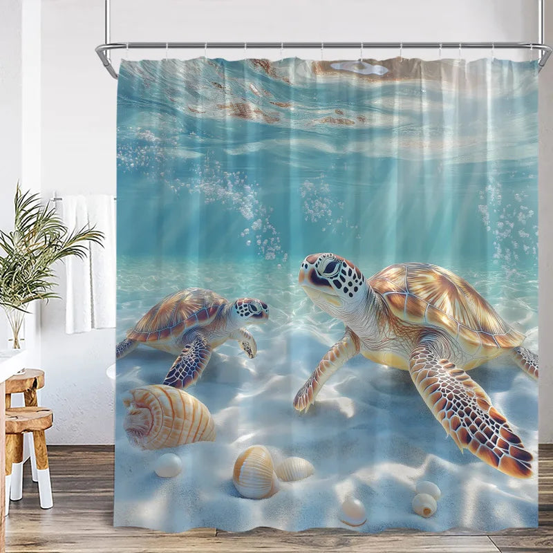 A tropical sea life shower curtain featuring a sea turtle swimming near the surface of clear blue water.