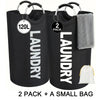 Two black fabric laundry hampers with hanging loops and a small white bag