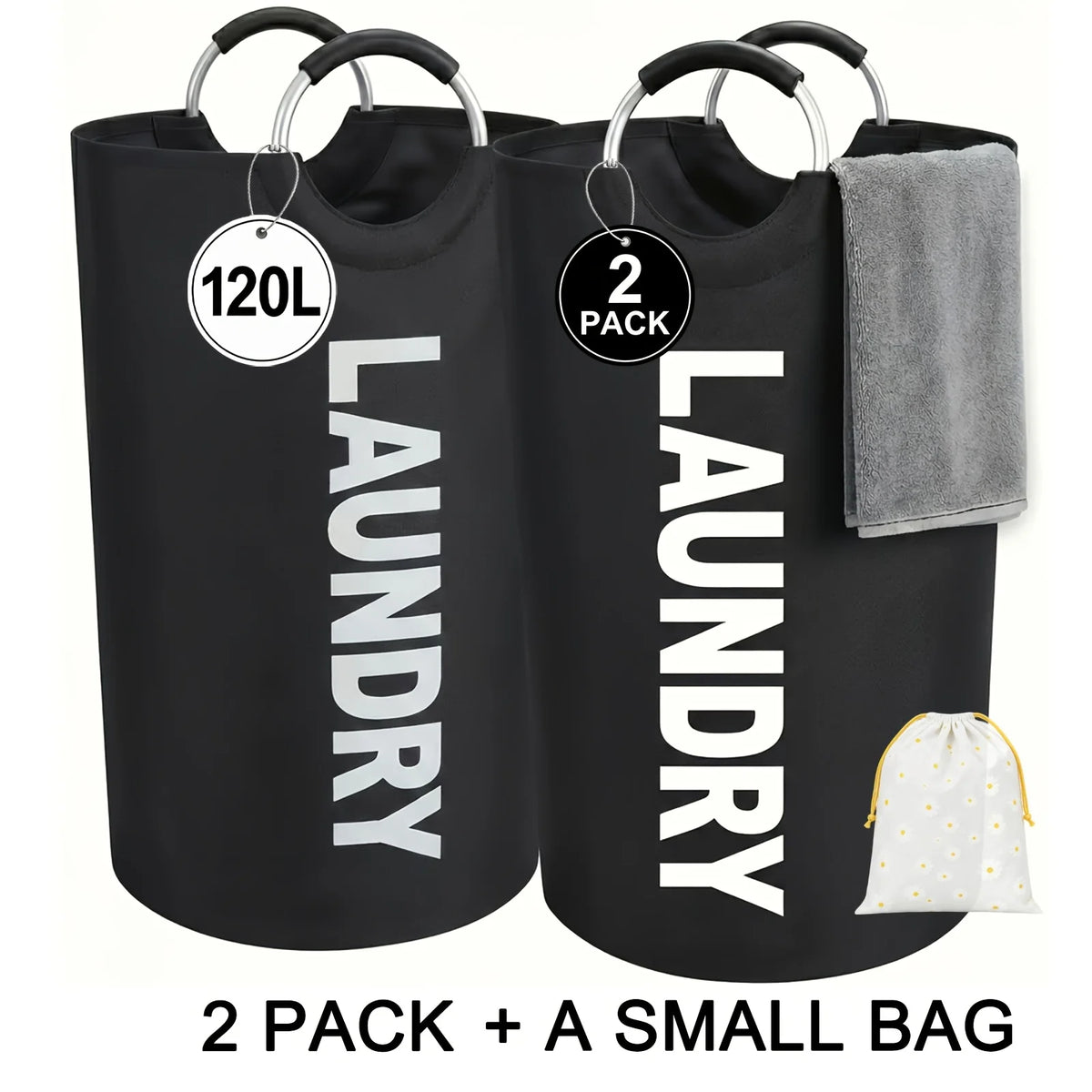 Two black fabric laundry hampers with hanging loops and a small white bag