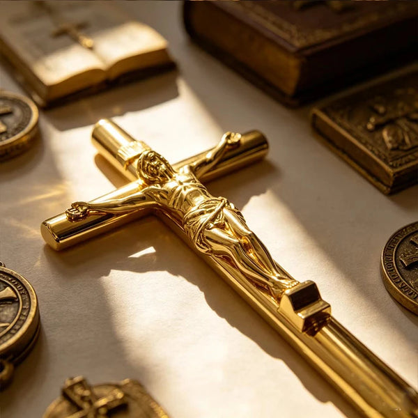 A close-up of a golden metal cross, likely used as a pen or religious decor, resting on a surface with other metallic items.