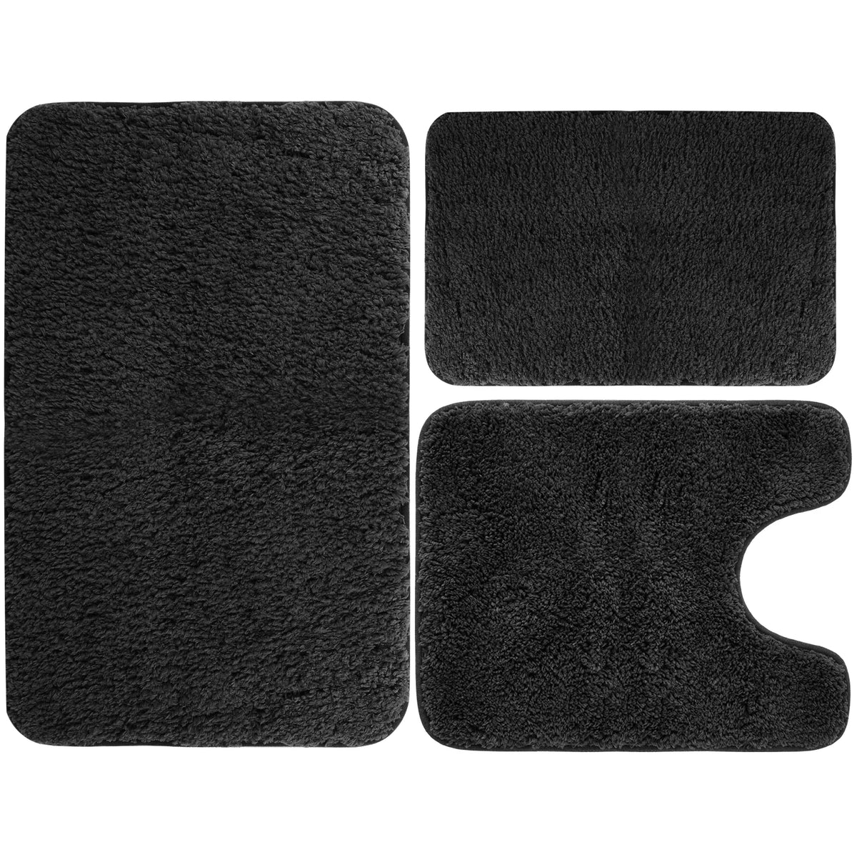 A set of three black memory foam bathroom rugs, rectangular and irregular shapes.