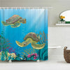 A colorful illustration of a sea turtle swimming underwater on a blue background.