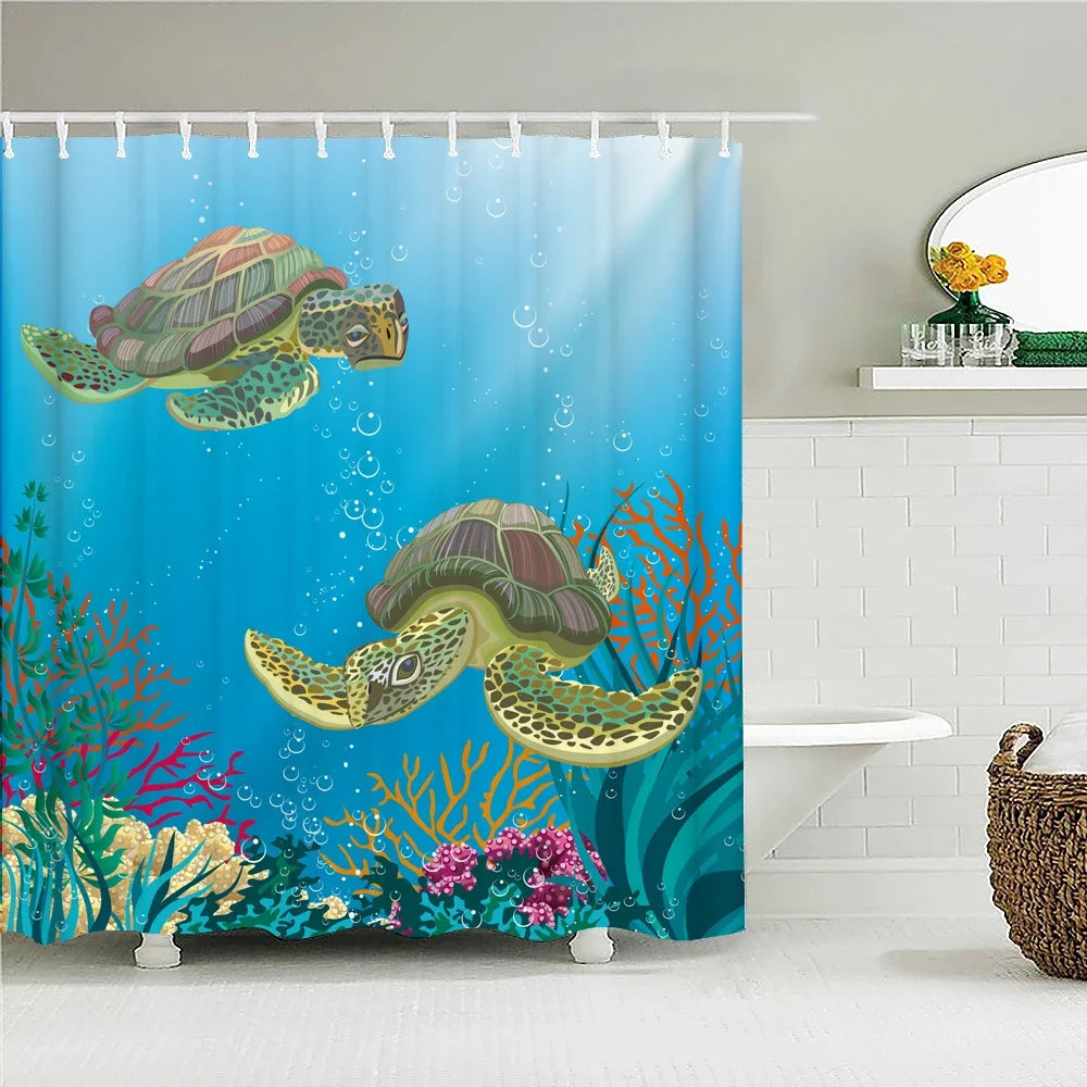 A colorful illustration of a sea turtle swimming underwater on a blue background.