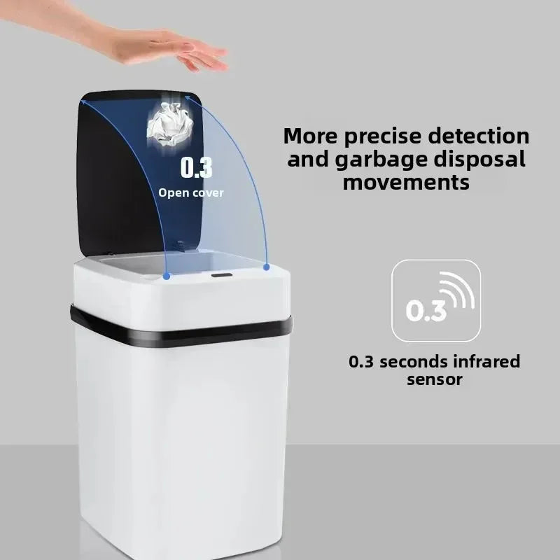 A white automatic touchless sensor trash can with an open cover showing a detection area.
