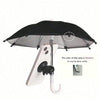 A black umbrella with a white canopy and a phone mount is shown, featuring a random colored area.
