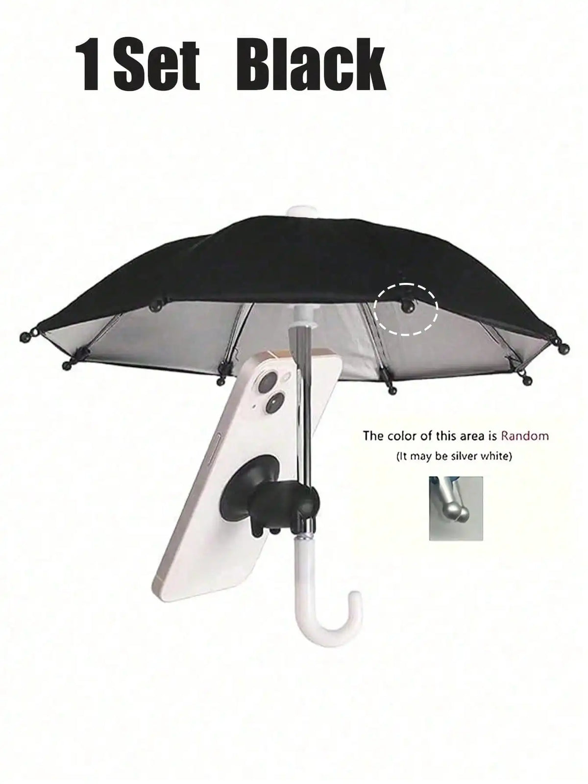 A black umbrella with a white canopy and a phone mount is shown, featuring a random colored area.