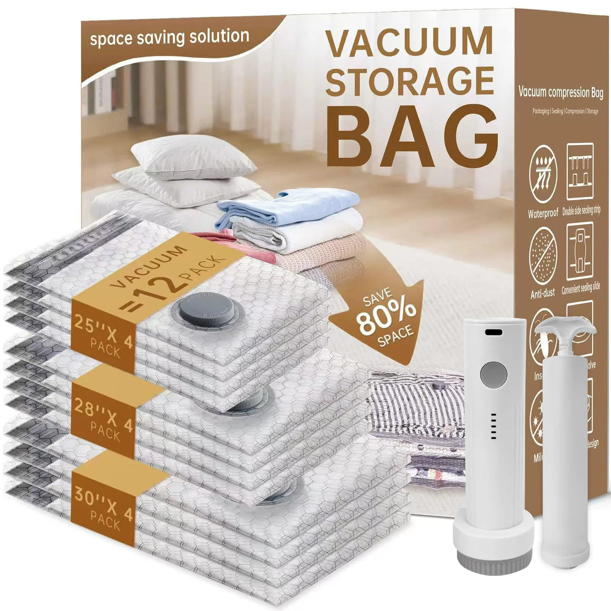 Vacuum storage bags stacked and a white vacuum compression bag are shown with a background of a room.