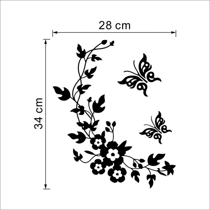 Black silhouette of climbing vines with flowers and butterflies on a white background