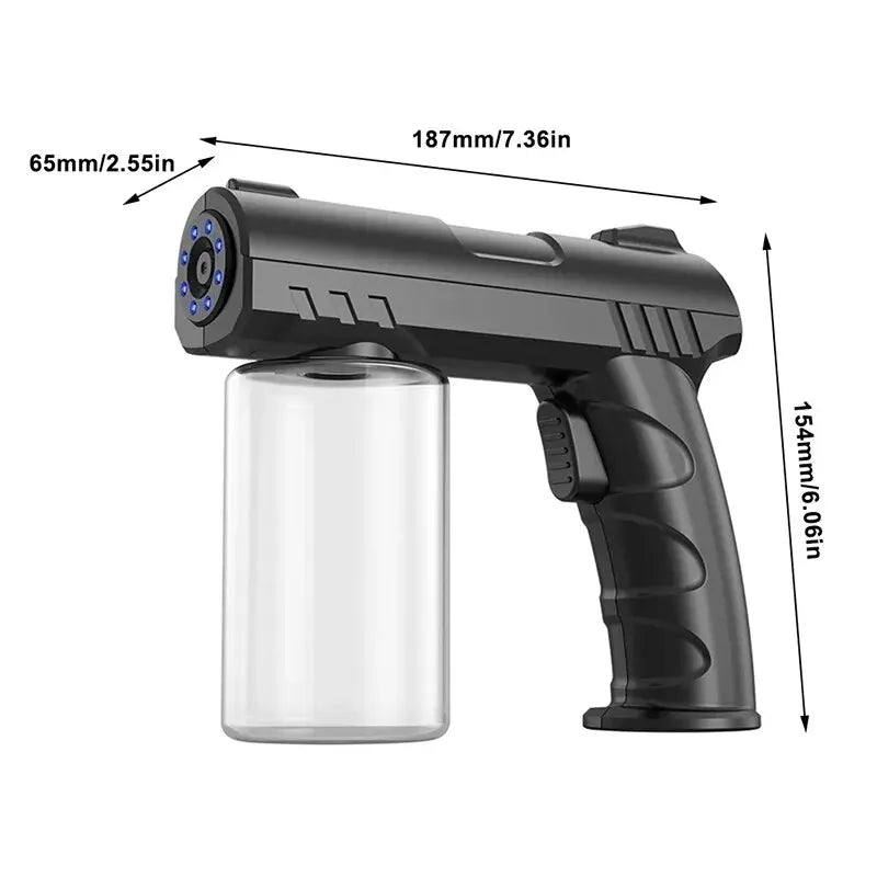 A black nano steam sprayer bottle with a clear reservoir and a visible nozzle.