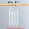 Three white space-saving clothes organizer hangers hanging from a wooden rod.