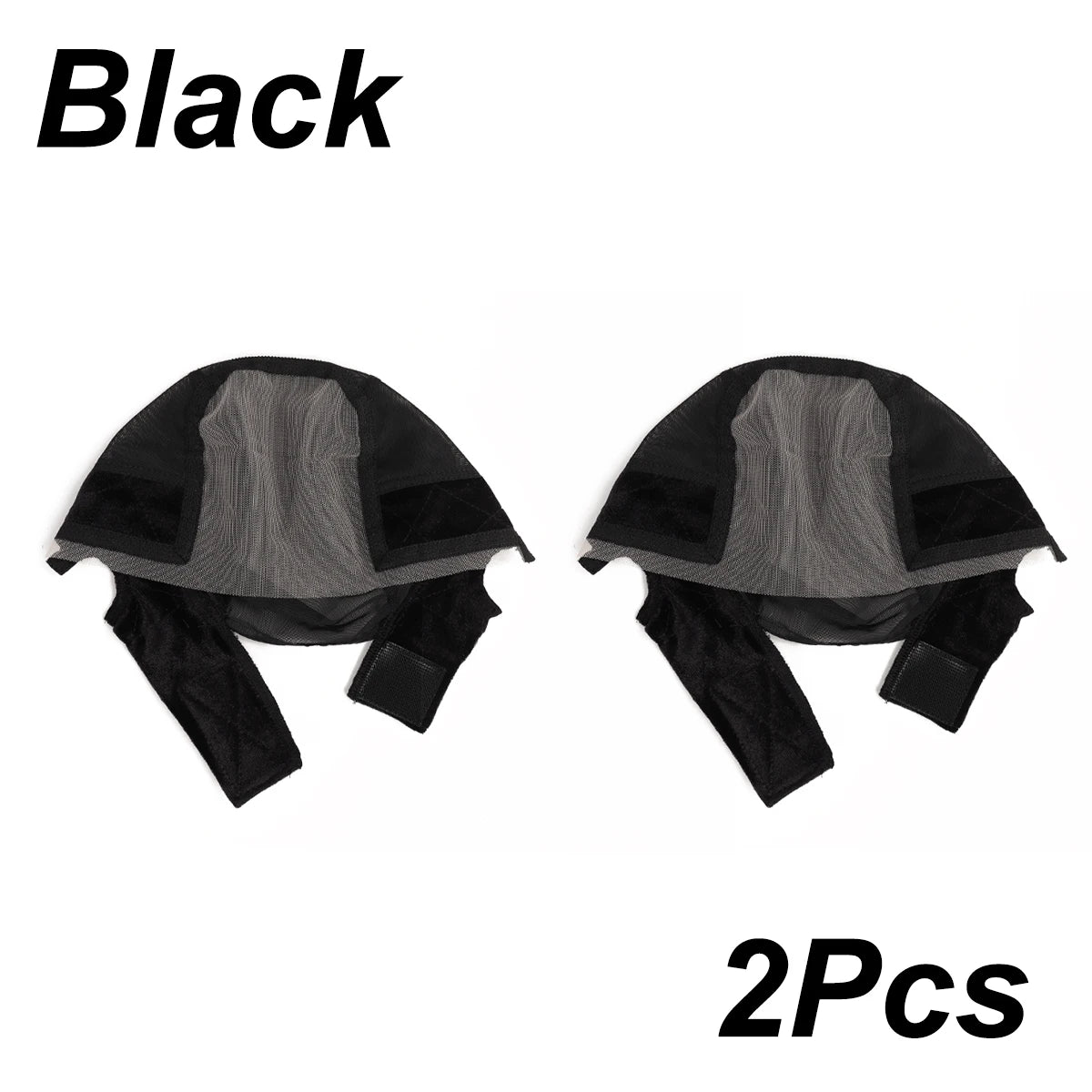 A pair of black adjustable velvet headband wig caps shown flat.