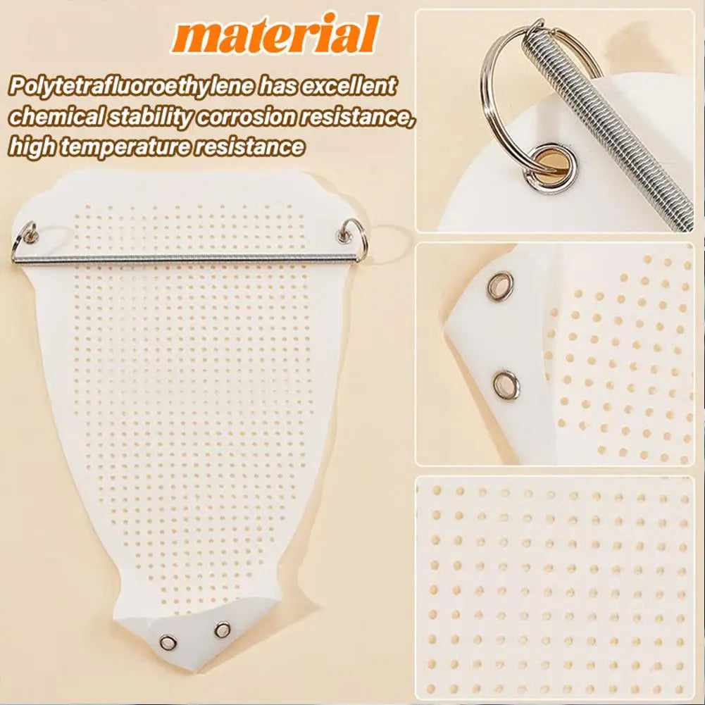 A white universal iron protective cover shield with a perforated surface and a metal clip.