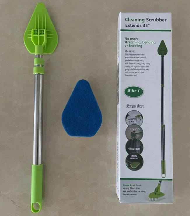 A green and silver retractable triangular floor scrubbing brush with a 3-in-1 cleaning extender is shown next to its packagin