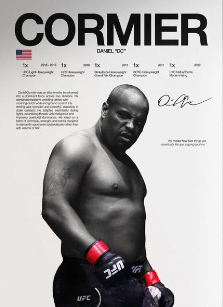 Black and white portrait of Daniel 'DC' Cormier in a UFC fighter stance.
