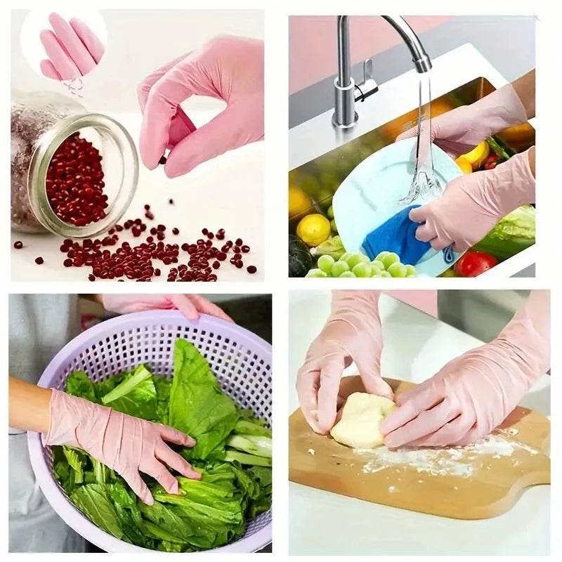 Hands wearing pink nitrile cleaning gloves prepare food ingredients like pomegranate seeds and fresh vegetables.