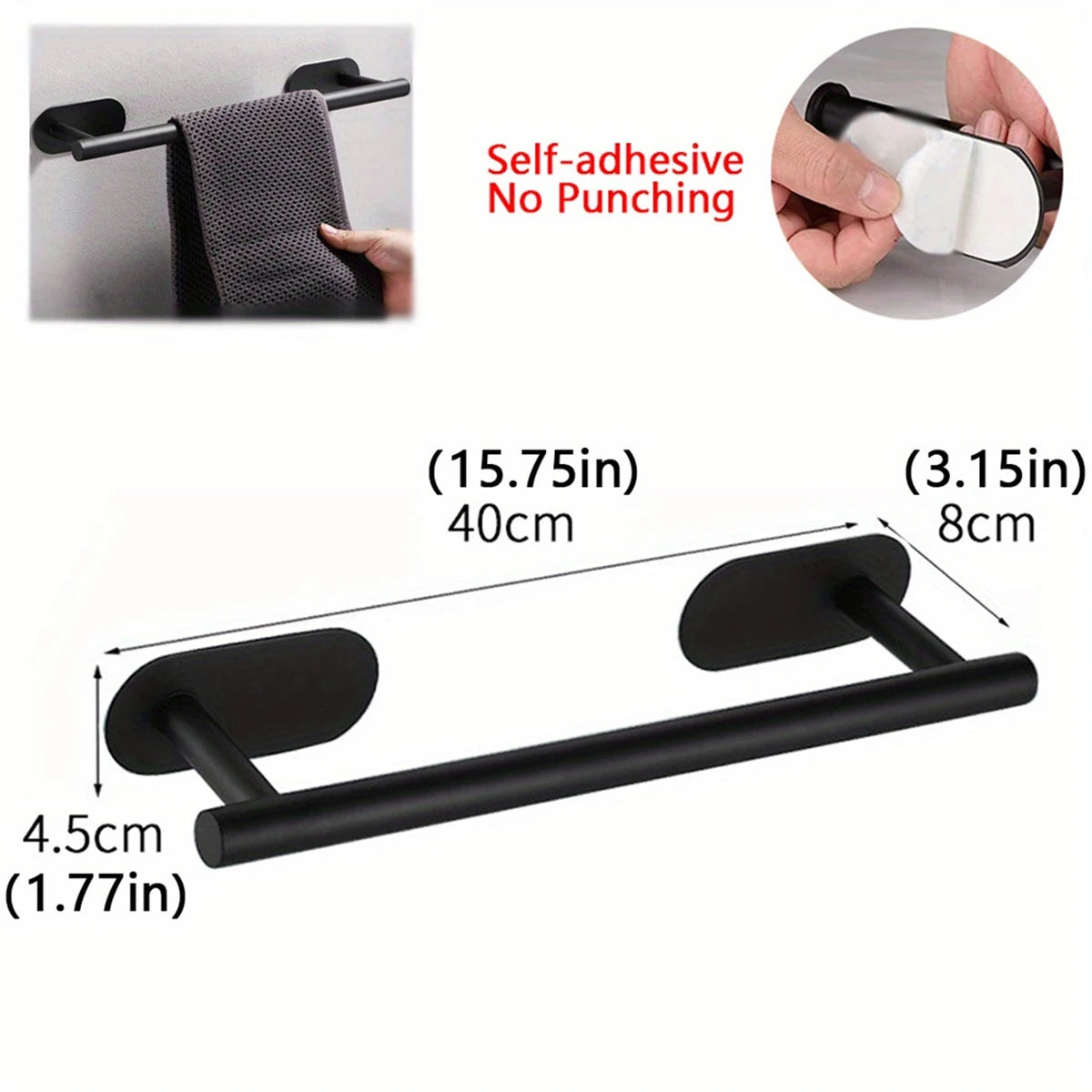 Percha de toallas adhesiva de acero inoxidable negro con toalla extraíble y hardware de montaje.