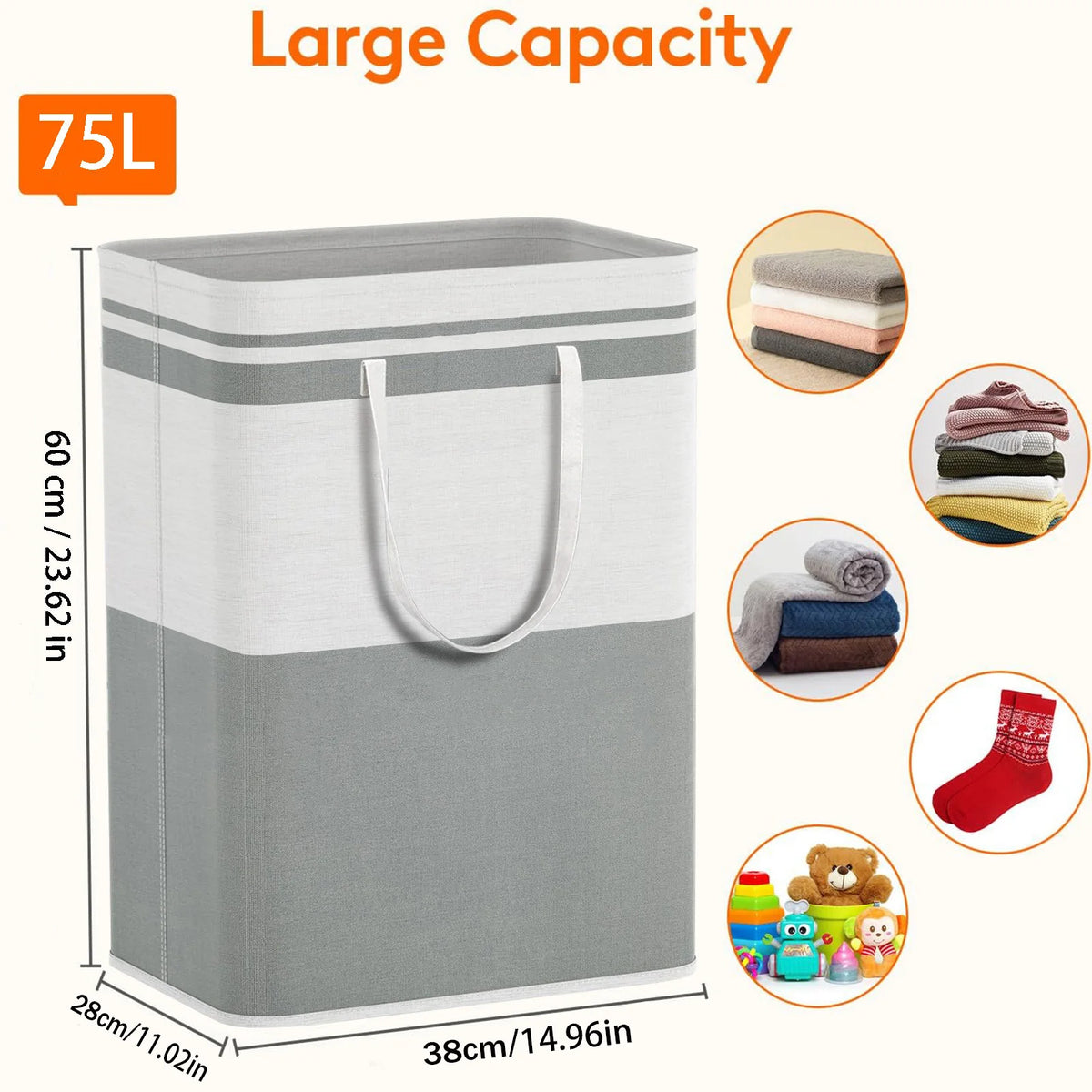 A large gray foldable canvas laundry hamper with handles, showing various items inside and its dimensions.