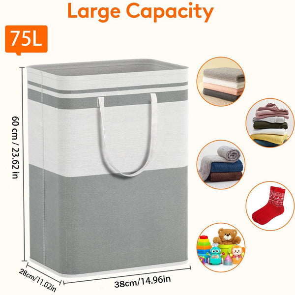 A large gray foldable canvas laundry hamper with handles, showing various items inside and its dimensions.