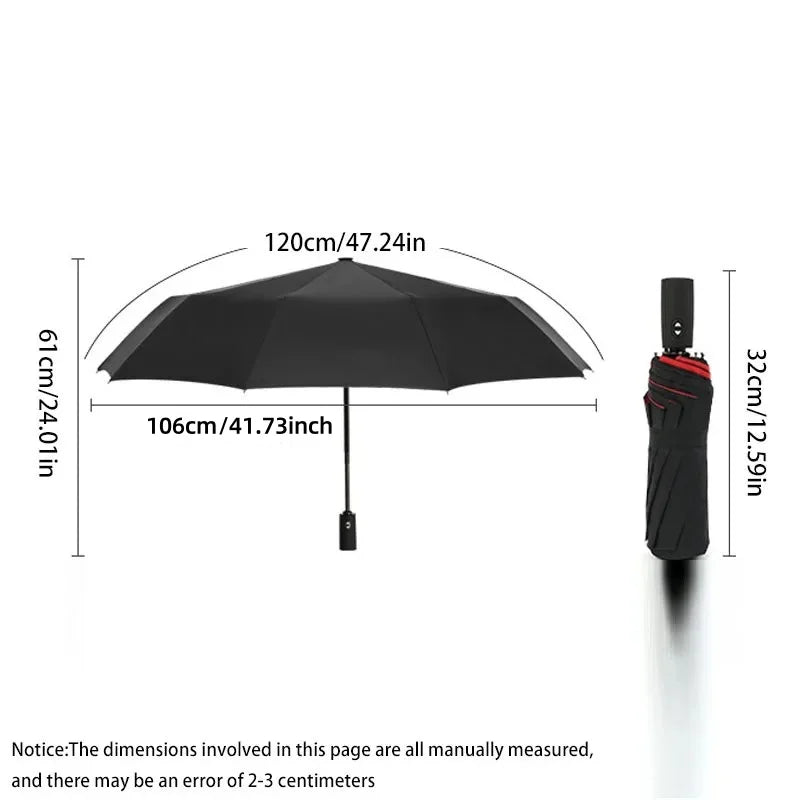 Black fully automatic double-layer outdoor umbrella shown with dimensions.